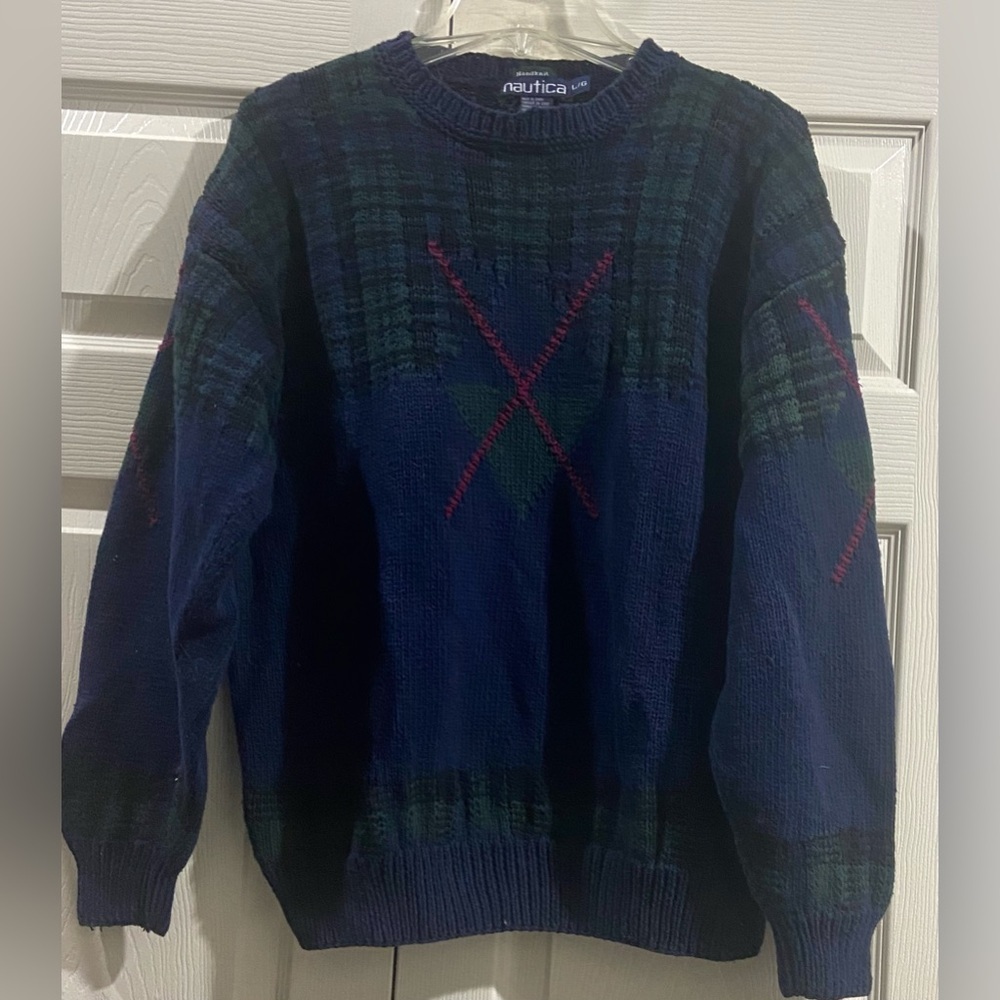 Vintage 90s Nautical Handknit Plaid Sweater Sz Large